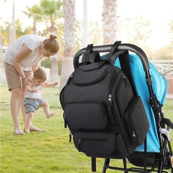 Black Diaper Bag Backpack for Men Women Travel Baby Bag with Insulated Pockets - Picture 2 of 7